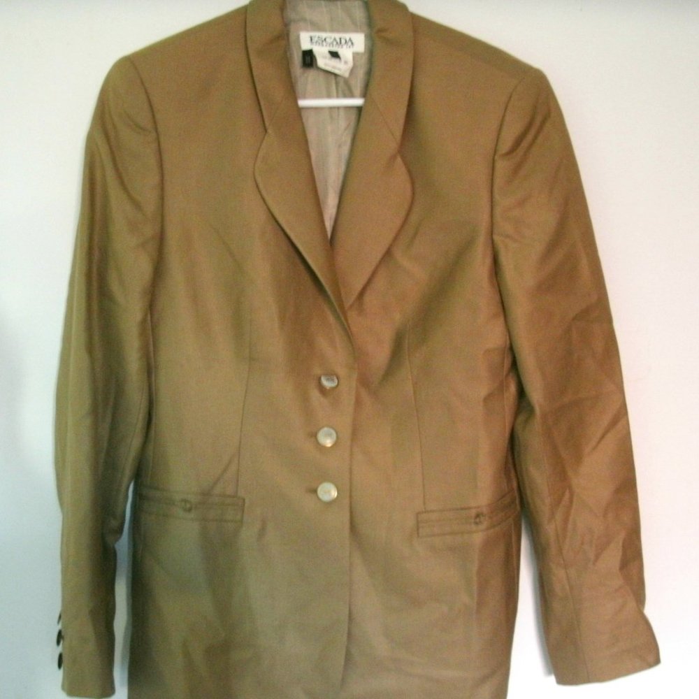 Vintage 80s Escada Power Blazer Tan Gold Wool Silk Jacket Size 38